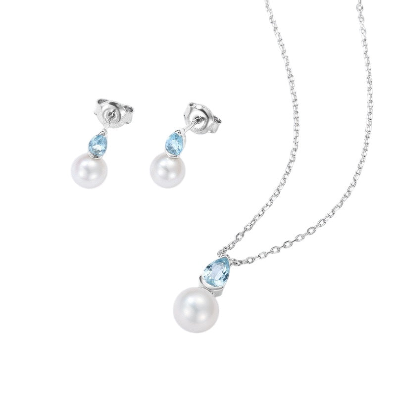 March Birthstone Necklace Aquamarine and Pearl Stud Earrings in Sterling Silver S925 DAPR