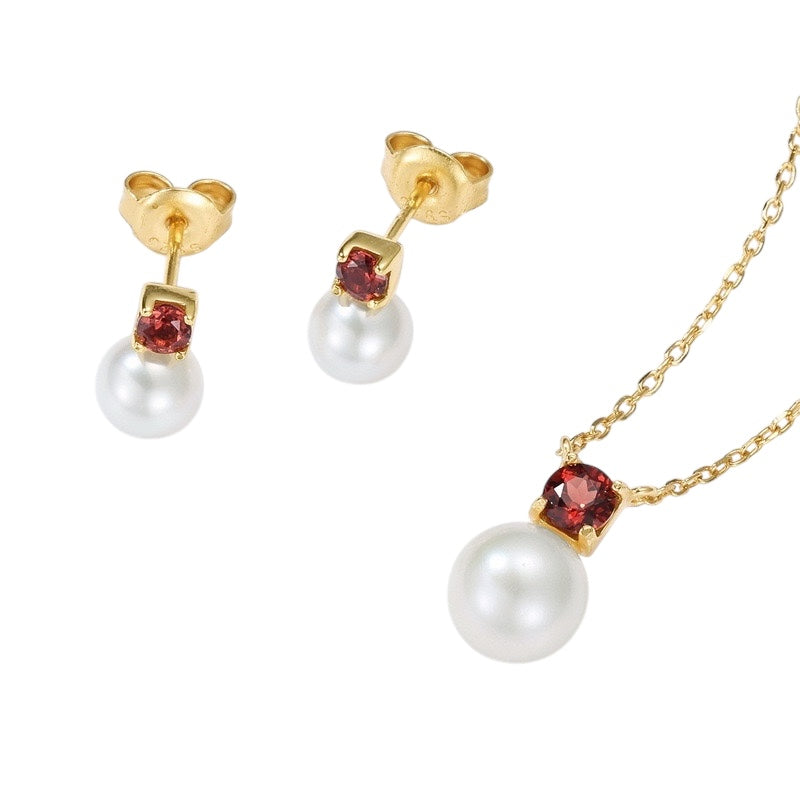 Gold plated garnet and pearl ear studs – January birthstone earrings with necklace set