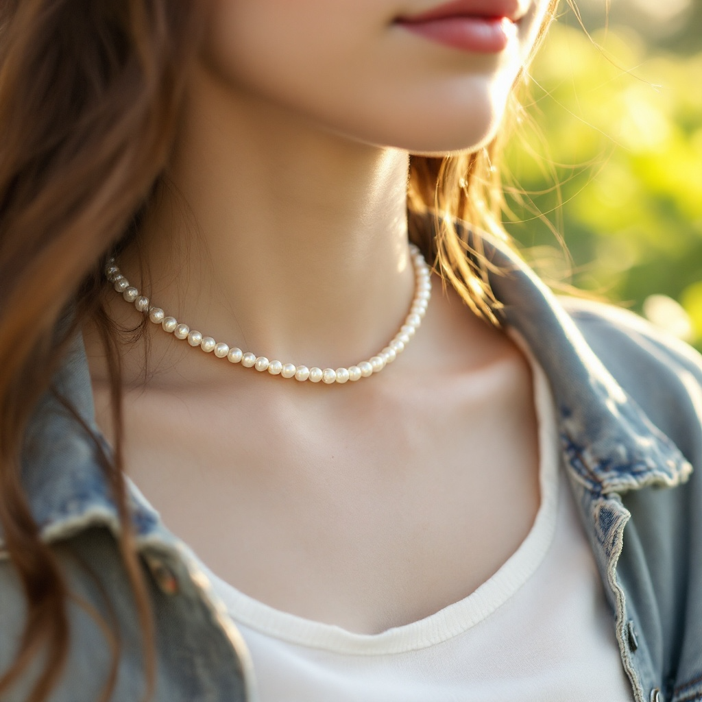 Freshwater pearl necklace choker with gold clasp on white background