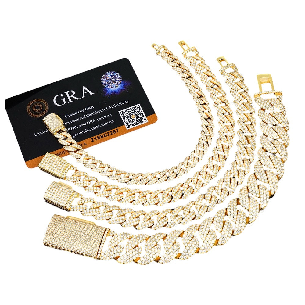 Moissanite Cuban link chain bracelet with gold and platinum plating, featuring iced-out links
