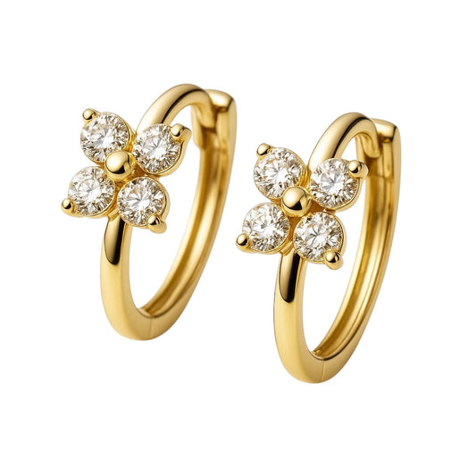 Pair of gold hoop earrings featuring four-leaf clover design with sparkling moissanite