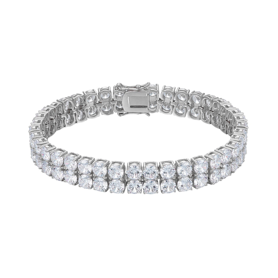 Platinum moissanite tennis bracelet with two rows of sparkling gems.